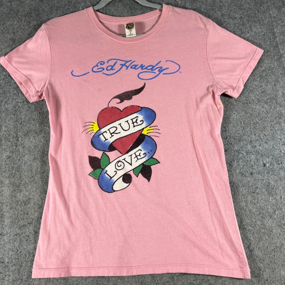 Ed Hardy Christian Audigier T Shirt Womens Large Pink Short Sleeve True Love Tee